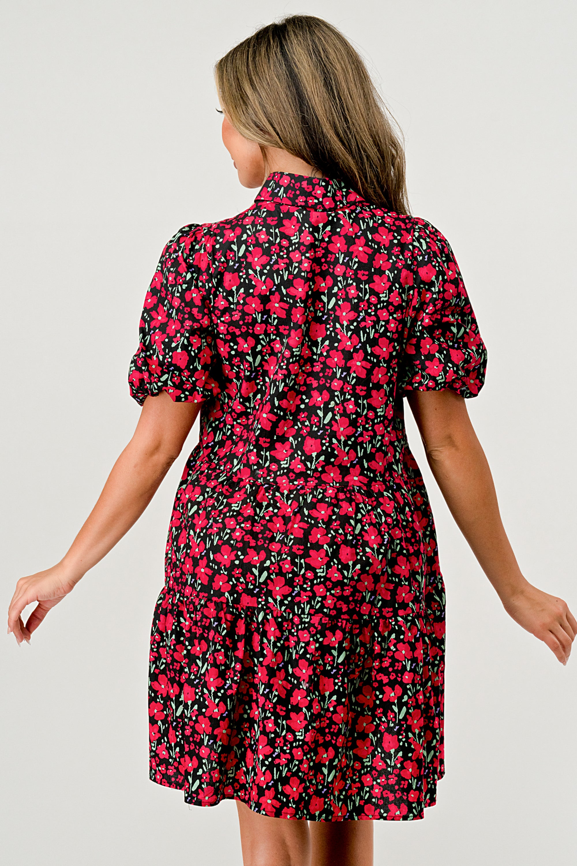 Floral Print Tiered Dress featuring puff sleeves and button-down front, perfect for casual outings.
