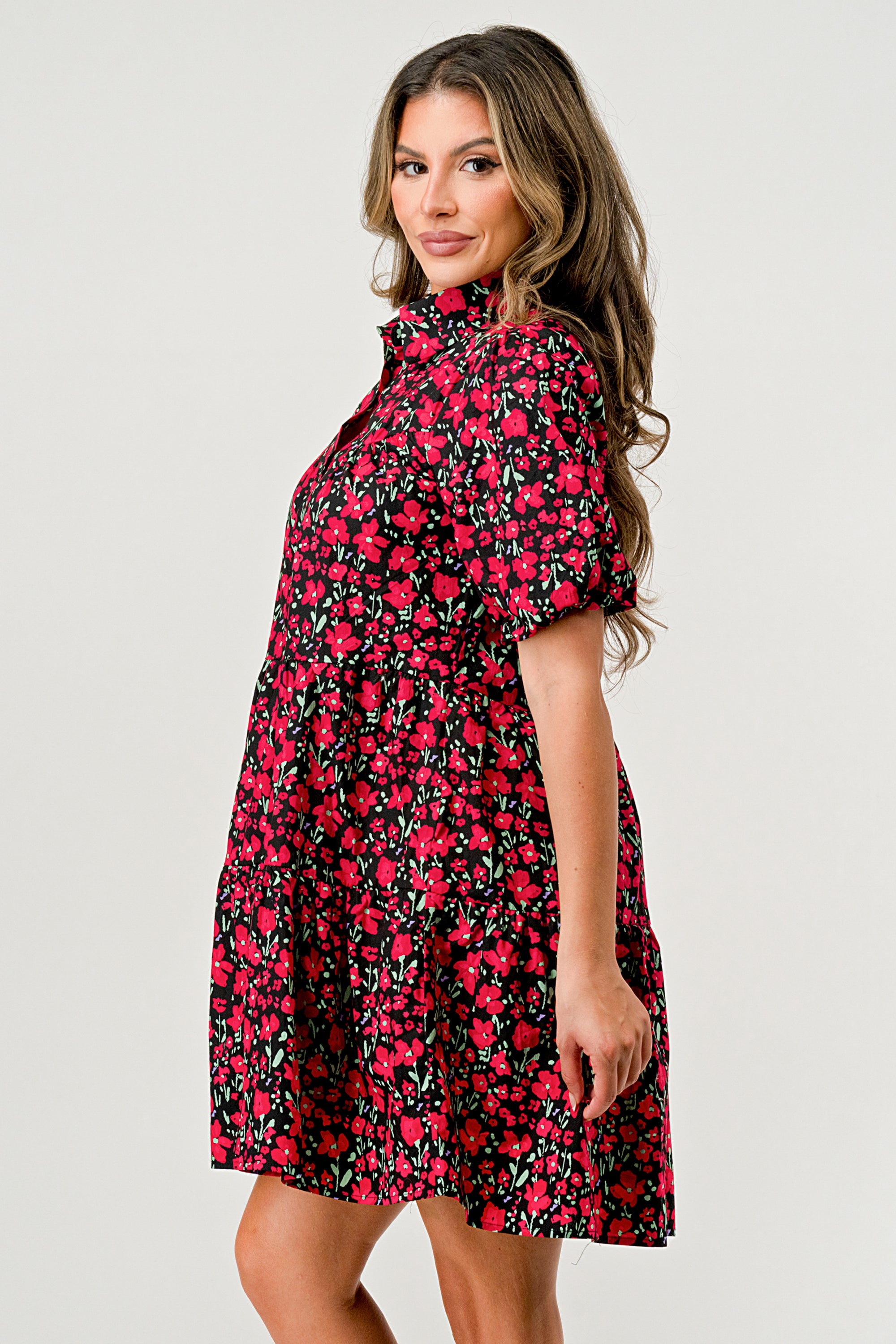 Floral Print Tiered Dress featuring puff sleeves and button-down front, perfect for casual outings.