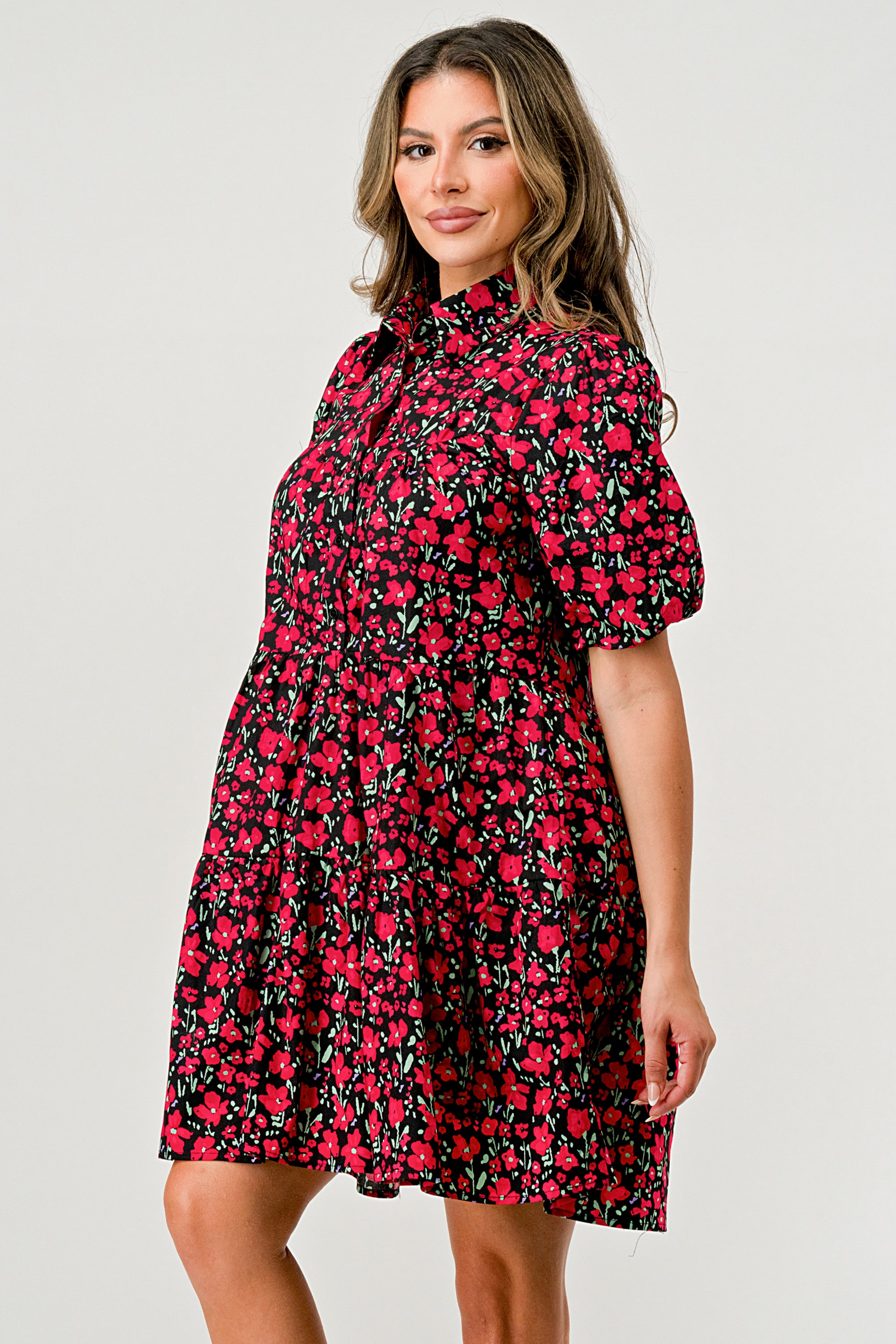 Floral Print Tiered Dress featuring puff sleeves and button-down front, perfect for casual outings.