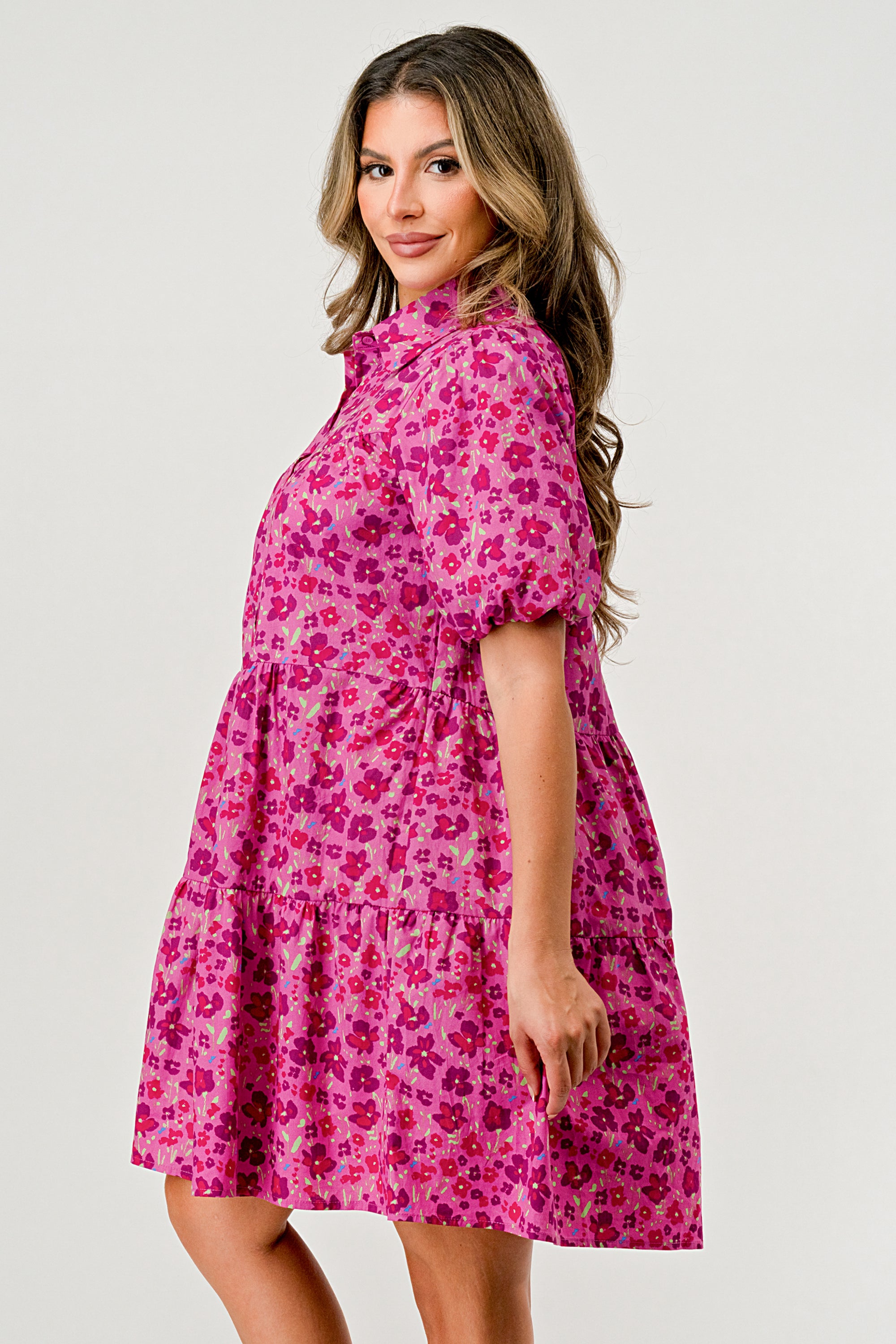 Floral Print Tiered Dress featuring puff sleeves and button-down front, perfect for casual outings.