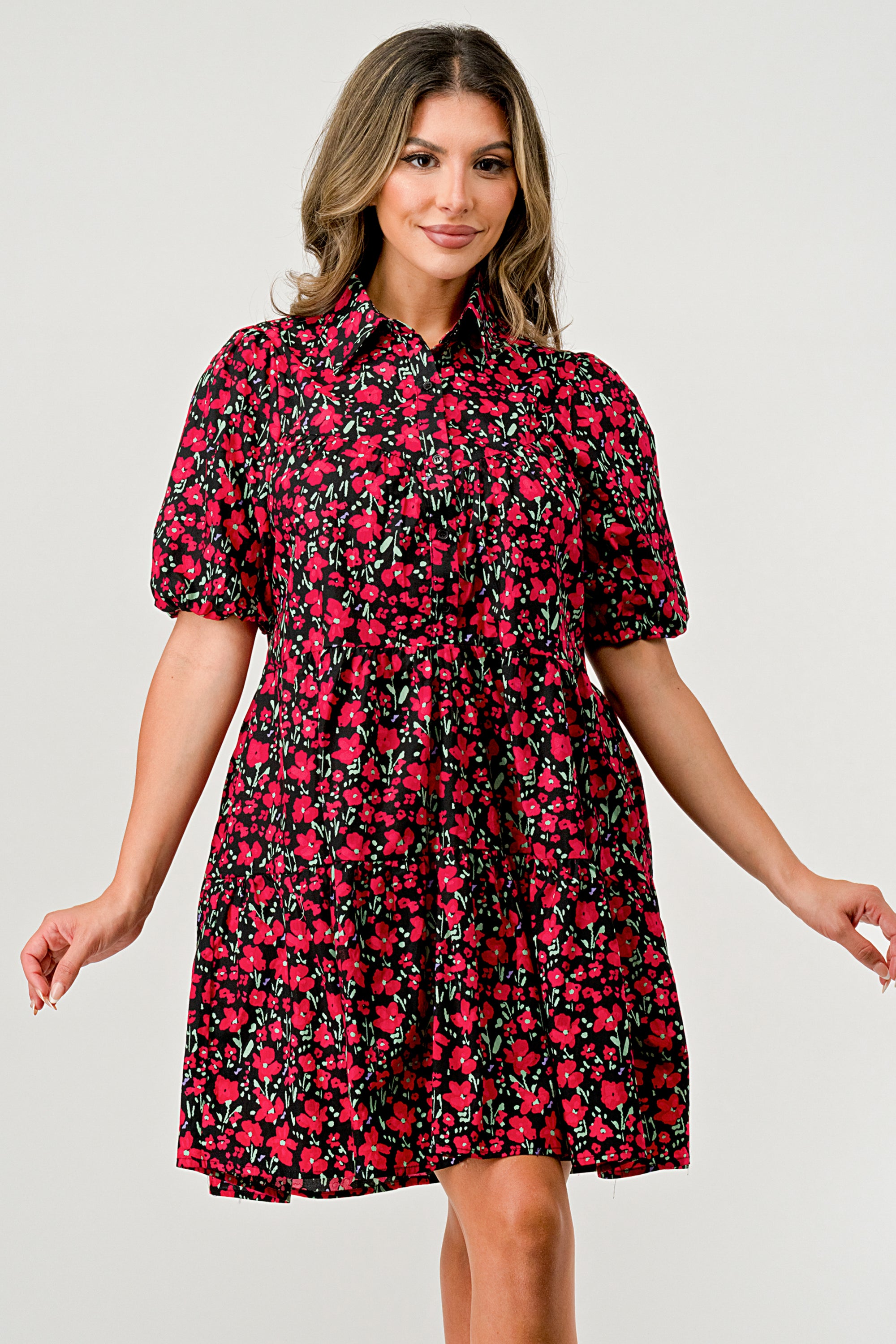 Floral Print Tiered Dress featuring puff sleeves and button-down front, perfect for casual outings.