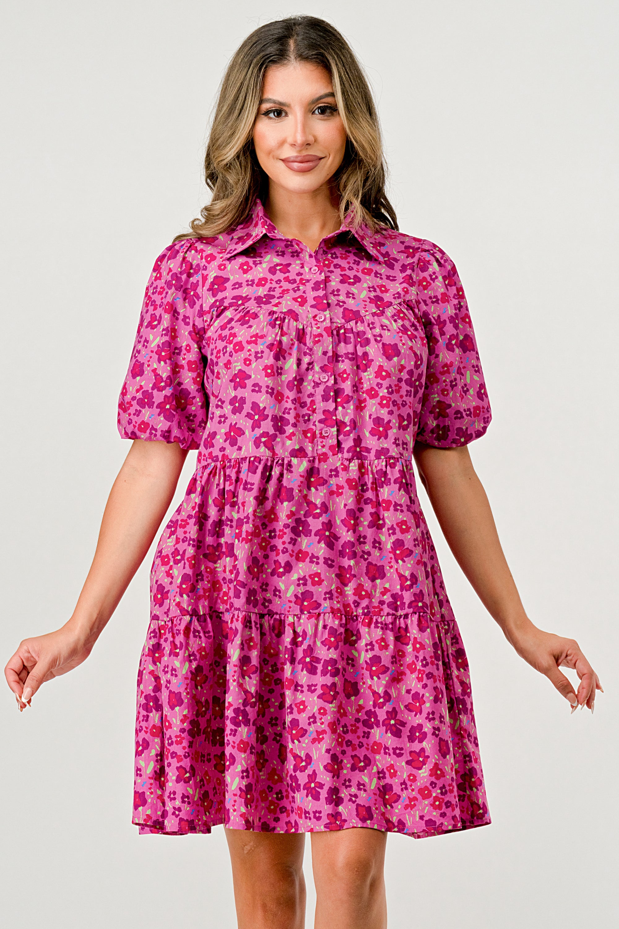 Floral Print Tiered Dress featuring puff sleeves and button-down front, perfect for casual outings.