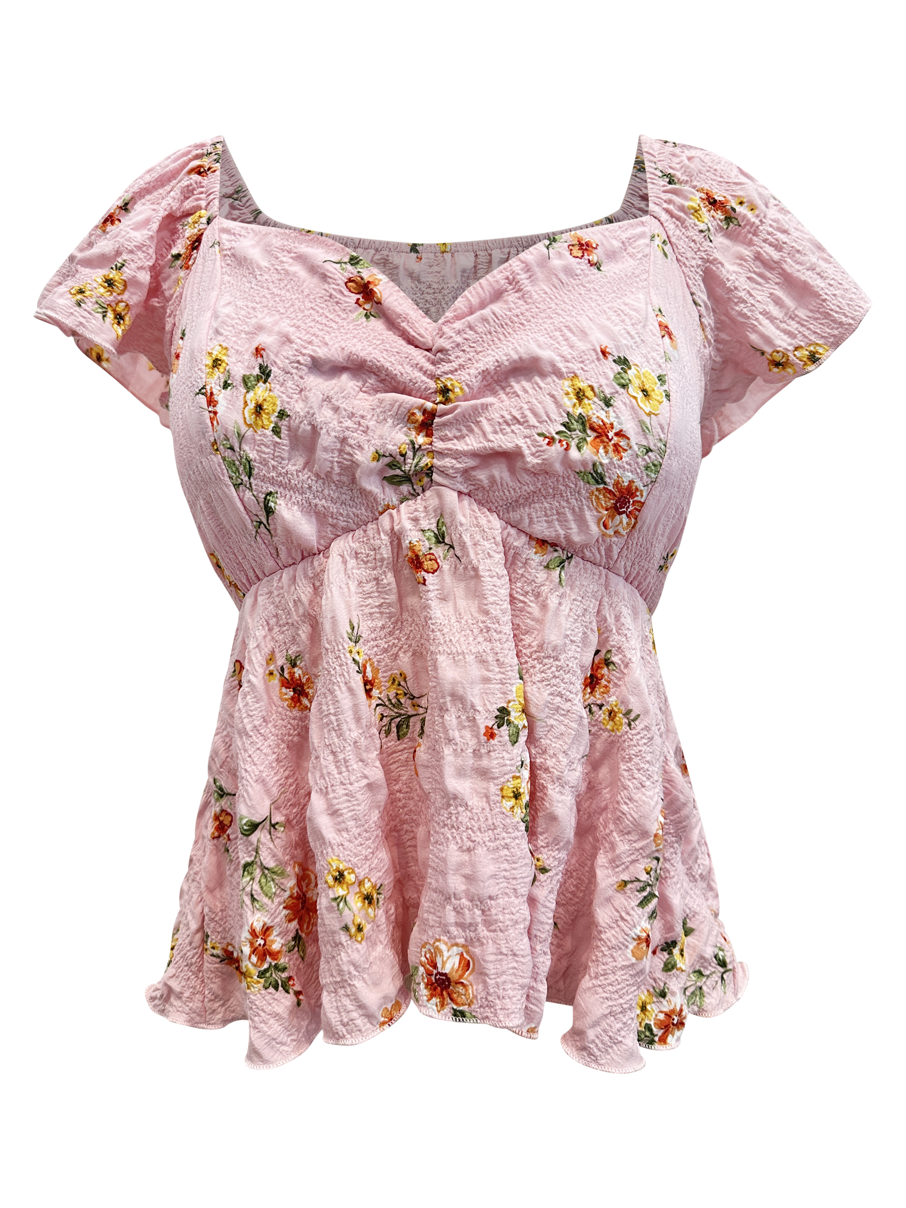 Floral Smocked Peplum Blouse featuring V-neck, cap sleeves, and flounce hem in bubble gauze fabric.