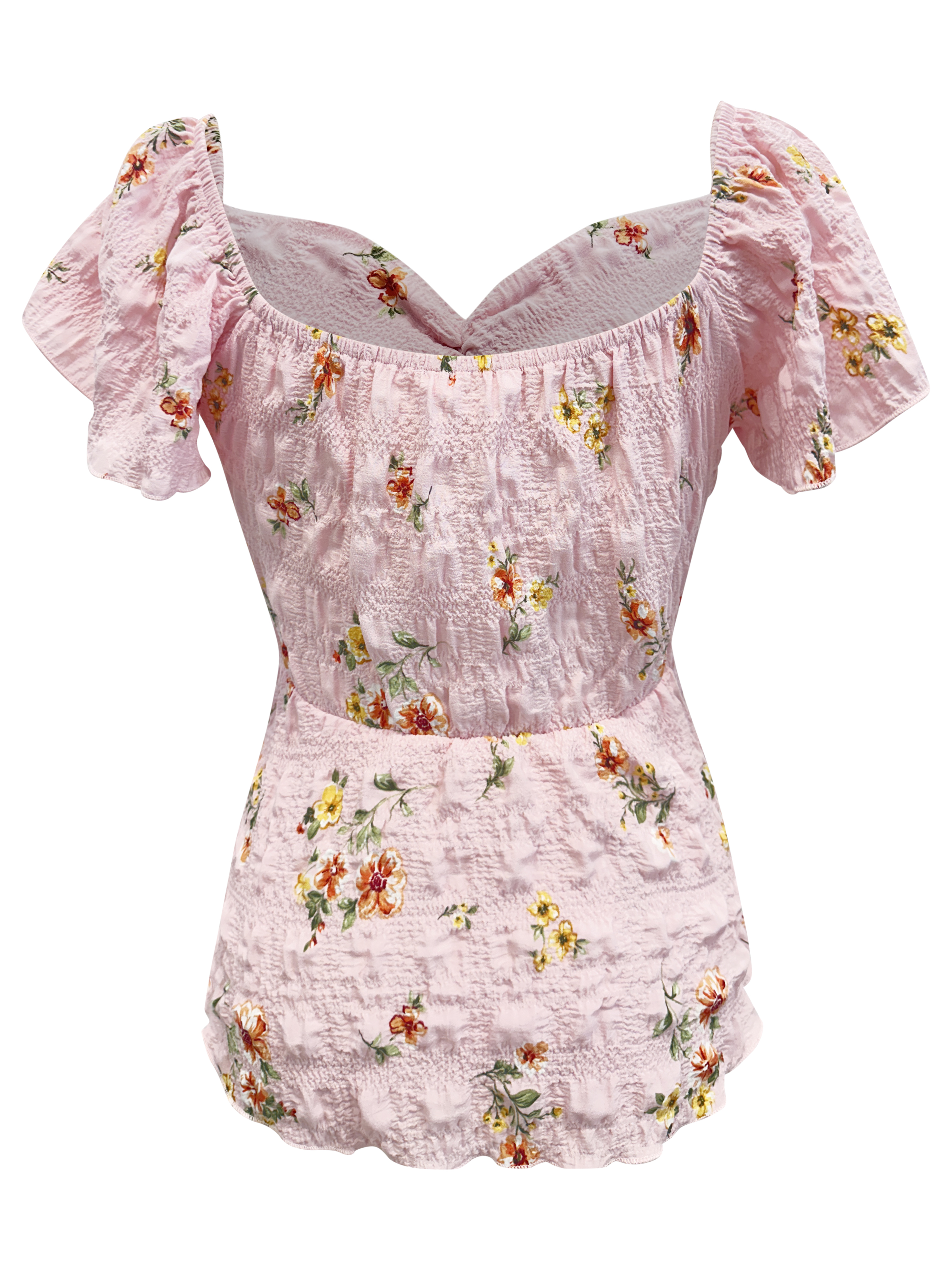 Floral Smocked Peplum Blouse featuring V-neck, cap sleeves, and flounce hem in bubble gauze fabric.