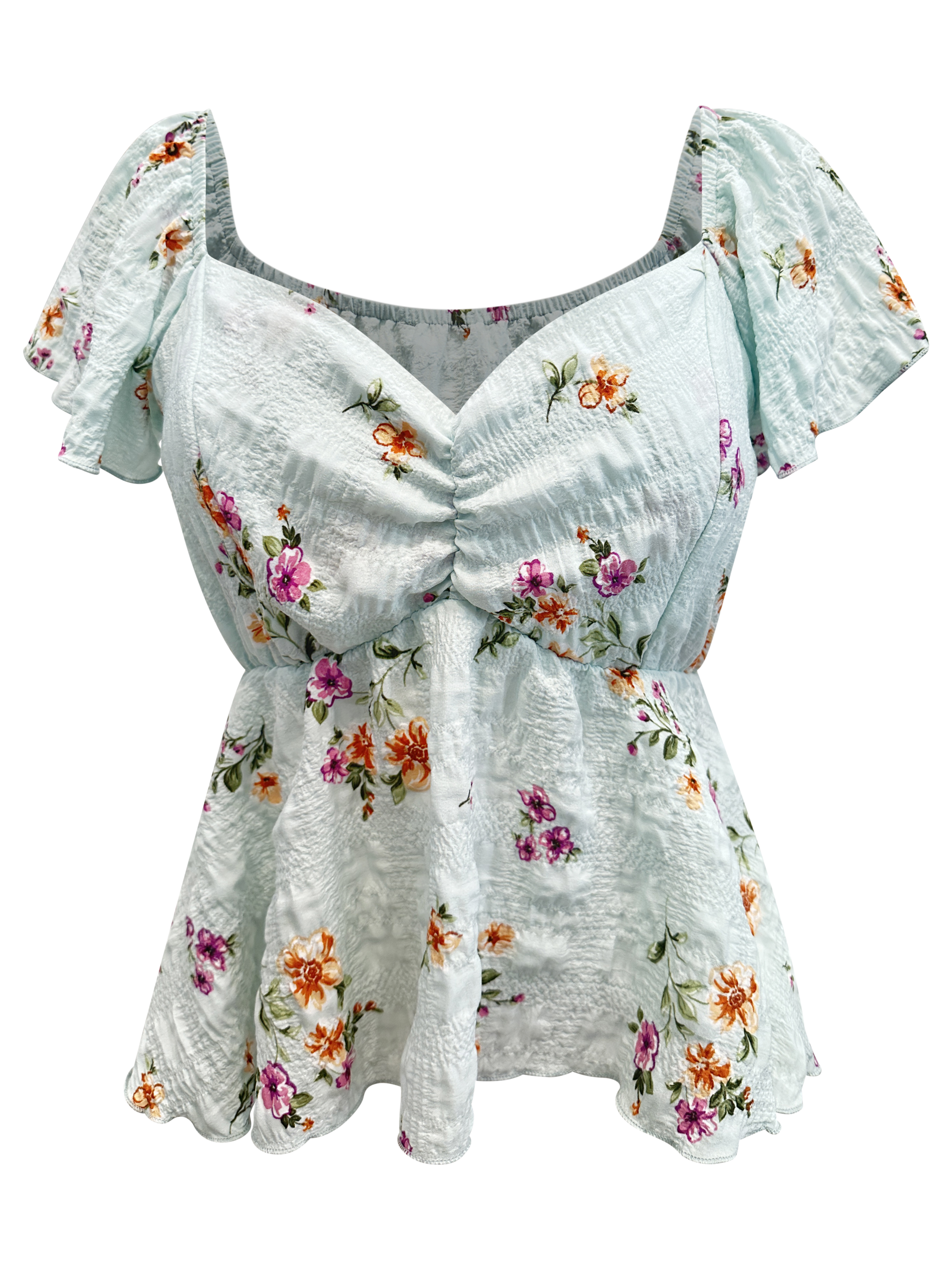 Floral Smocked Peplum Blouse featuring V-neck, cap sleeves, and flounce hem in bubble gauze fabric.
