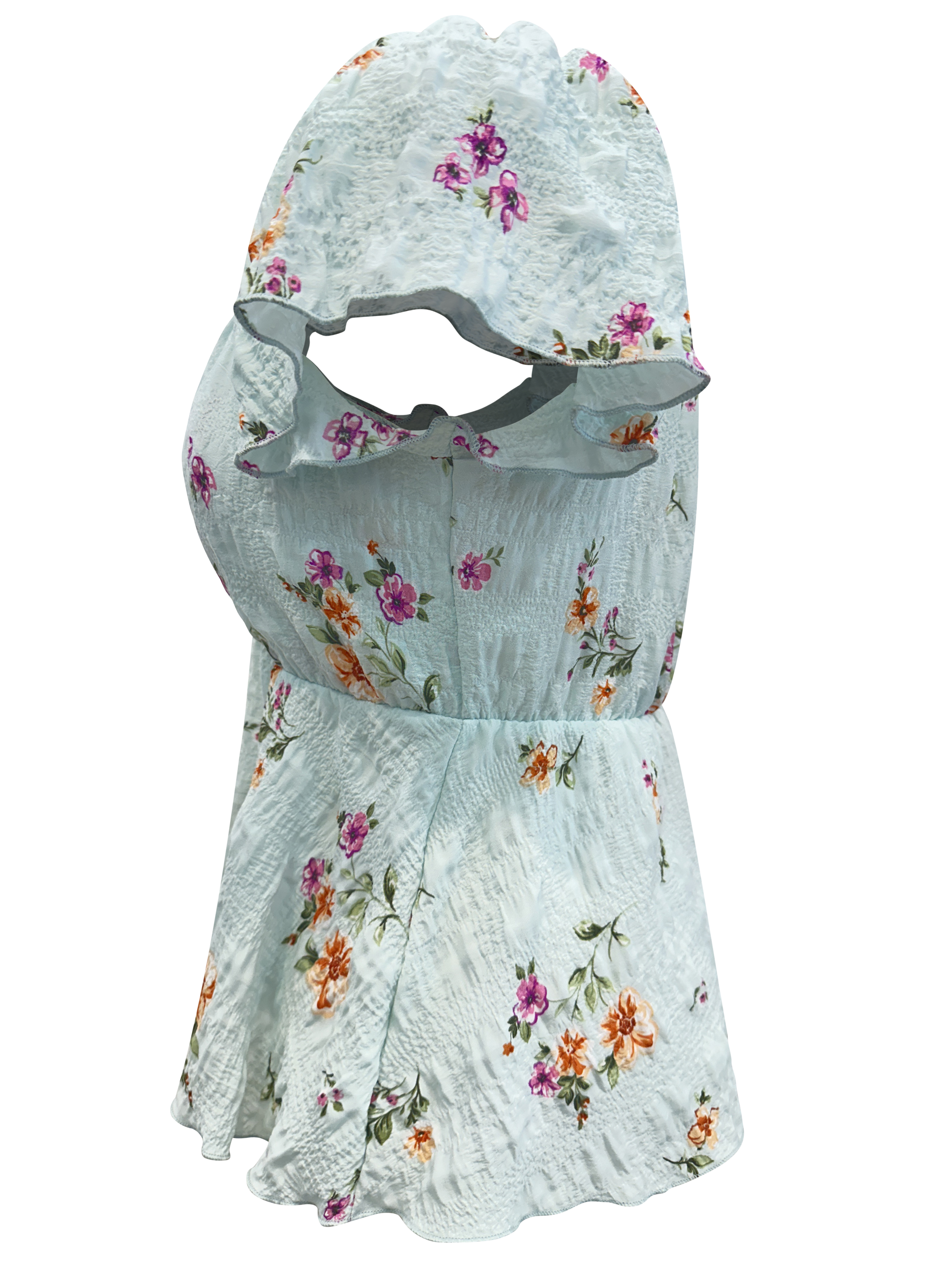 Floral Smocked Peplum Blouse featuring V-neck, cap sleeves, and flounce hem in bubble gauze fabric.
