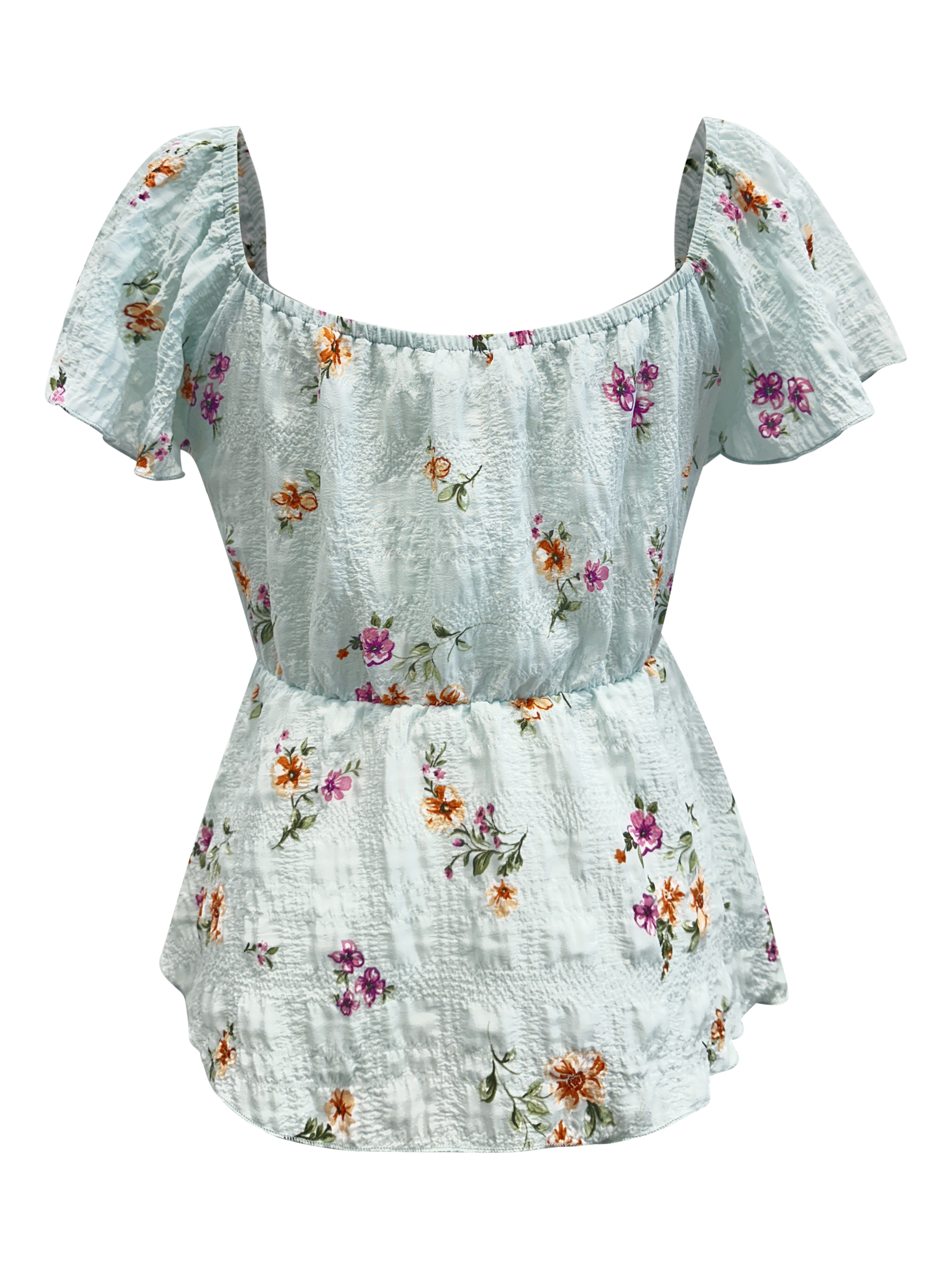 Floral Smocked Peplum Blouse featuring V-neck, cap sleeves, and flounce hem in bubble gauze fabric.