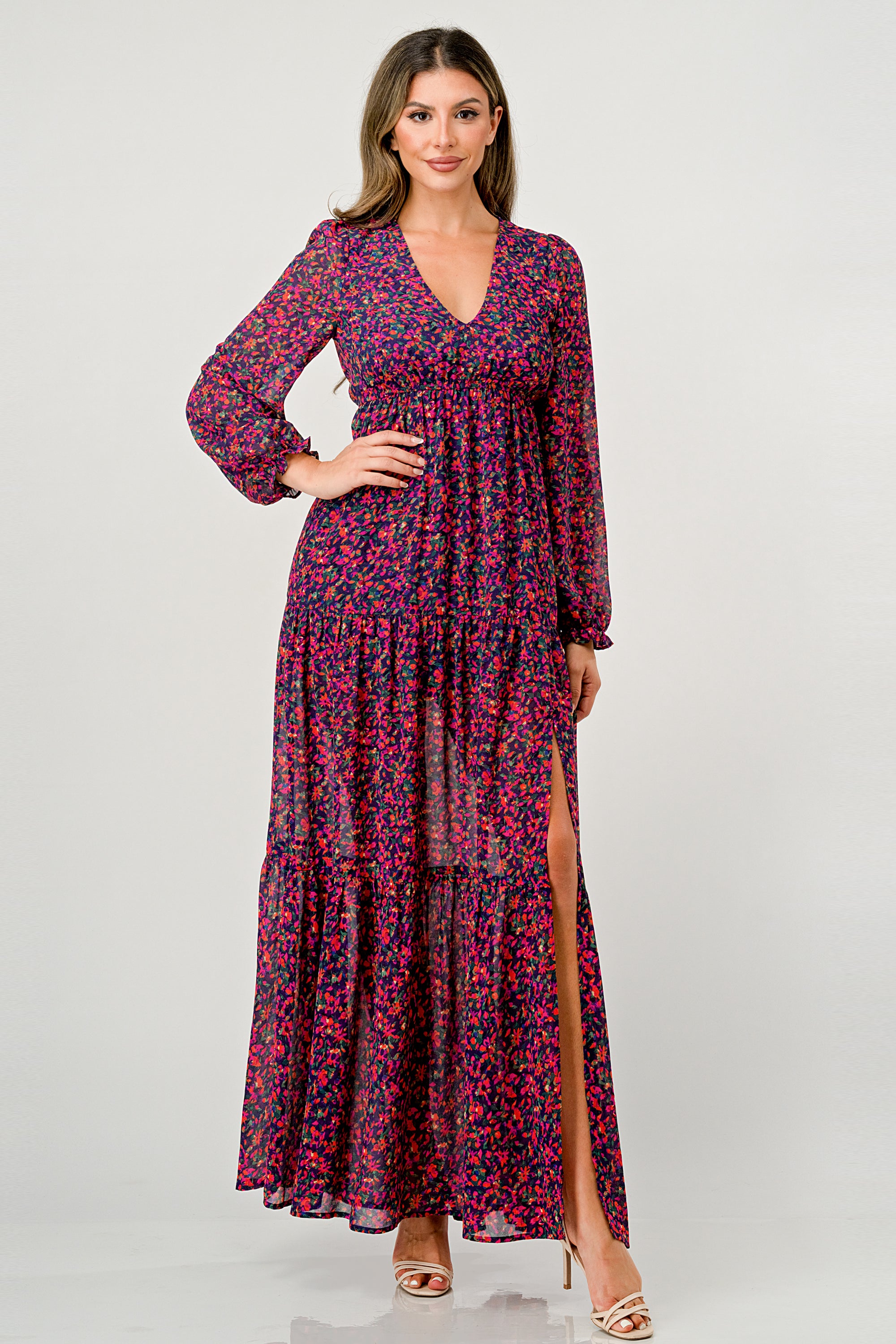 Floral V-Neck Long Sleeve Maxi Dress featuring a tiered skirt and side slit, elegantly displayed on a mannequin.