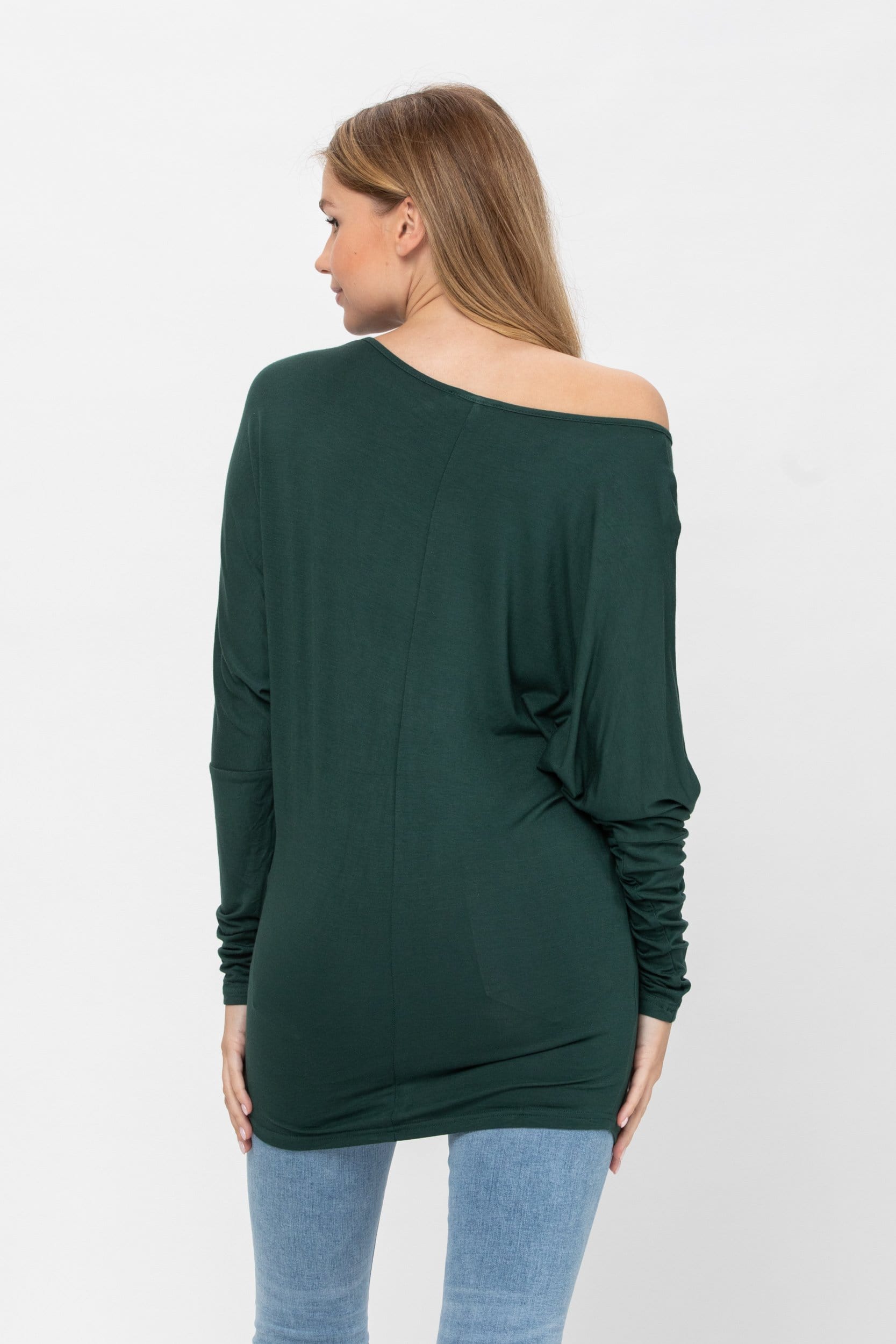 Flowy Comfort Draped Long Sleeve Batwing Dolman Top in soft fabric, featuring a boat neckline and stylish dolman sleeves, perfect for casual and dressy occasions.