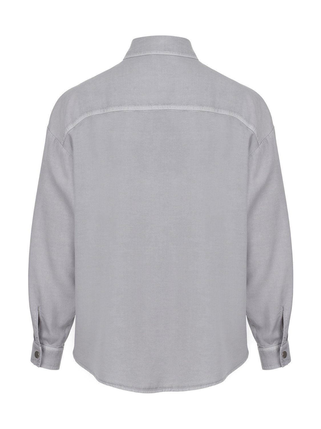 Flowy shirt with pockets, featuring long sleeves, snap buttons, and vibrant digital collage patterns in soft shades.