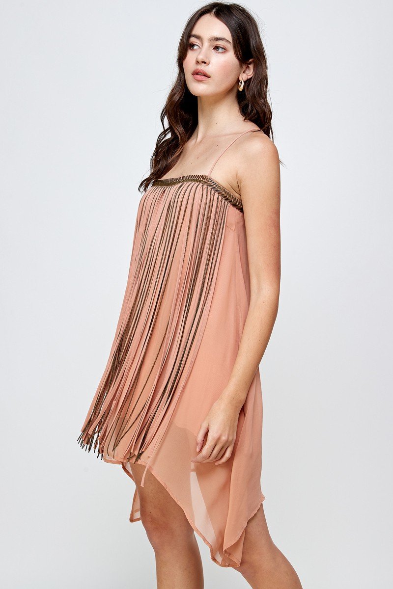 A stylish Metal Fringed Sexy Mini Dress featuring shimmering metal fringe details, perfect for parties and special occasions.