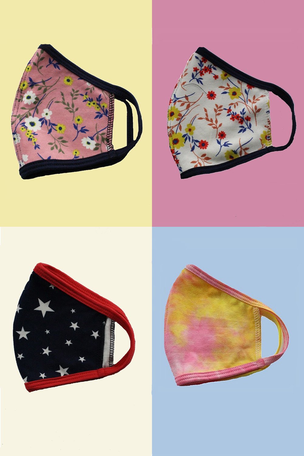 Colorful kids' reusable cloth face masks featuring tie dye, star, and ditsy patterns, designed for comfort and safety.