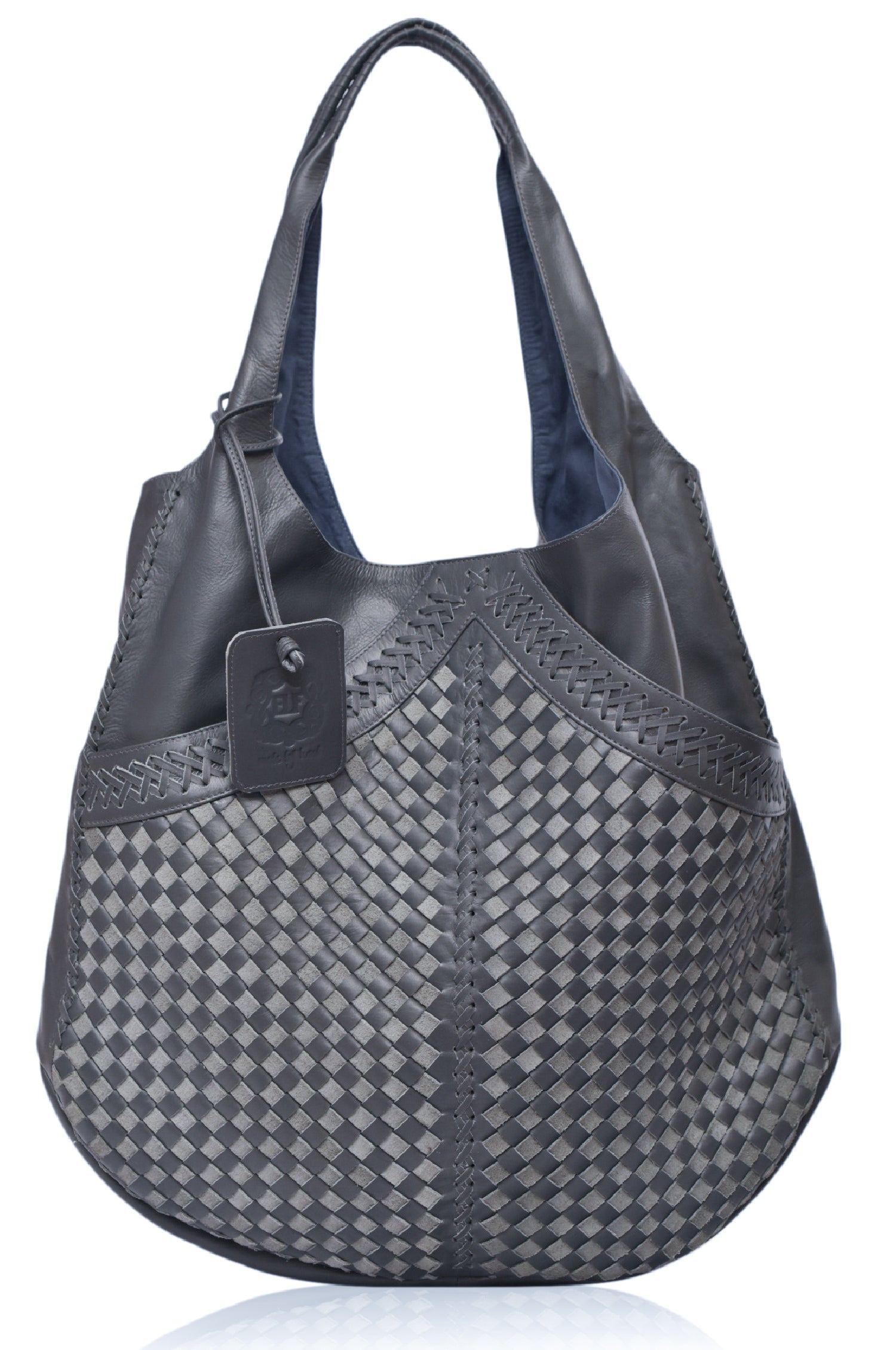 French Lover Oversized Hobo Bag in rich leather with intricate weaving and stitching, featuring dual shoulder straps and exterior pockets.