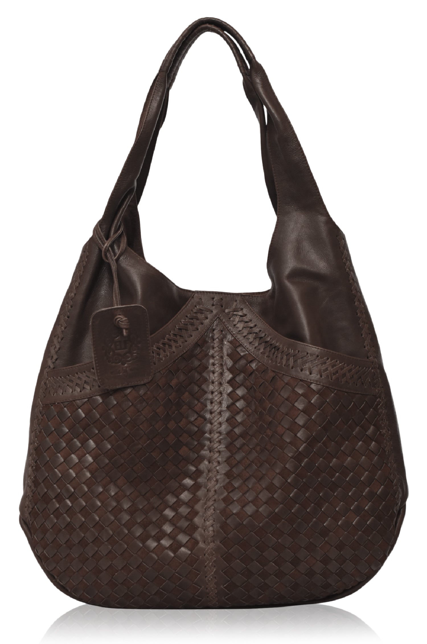 French Lover Oversized Hobo Bag in rich leather with intricate weaving and stitching, featuring dual shoulder straps and exterior pockets.
