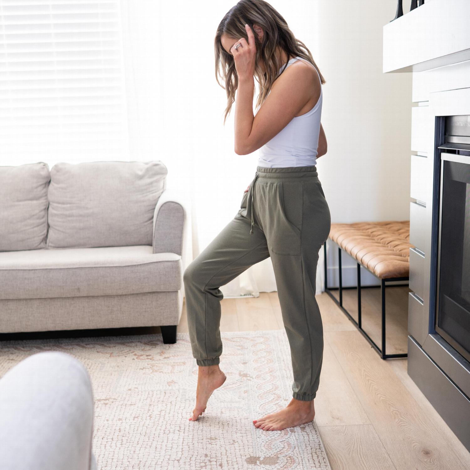 French Terry Elastic Cuff Pull-on Joggers in pink, showcasing cuffed ankles and elastic waist with drawstring.
