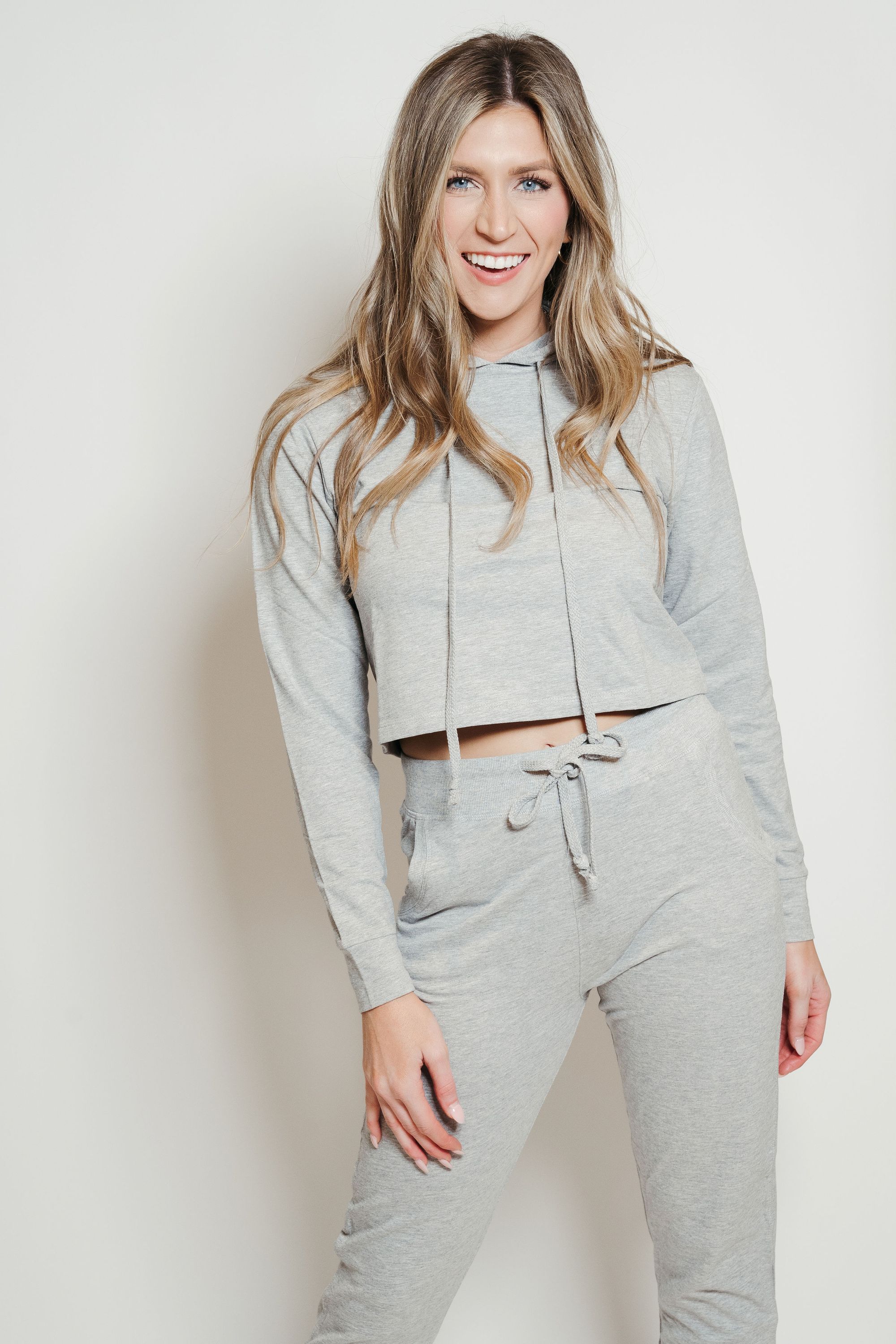 French Terry Hoodie-Jogger Lounge Set in Heather Grey, featuring a soft fabric blend and stylish design, perfect for casual wear.
