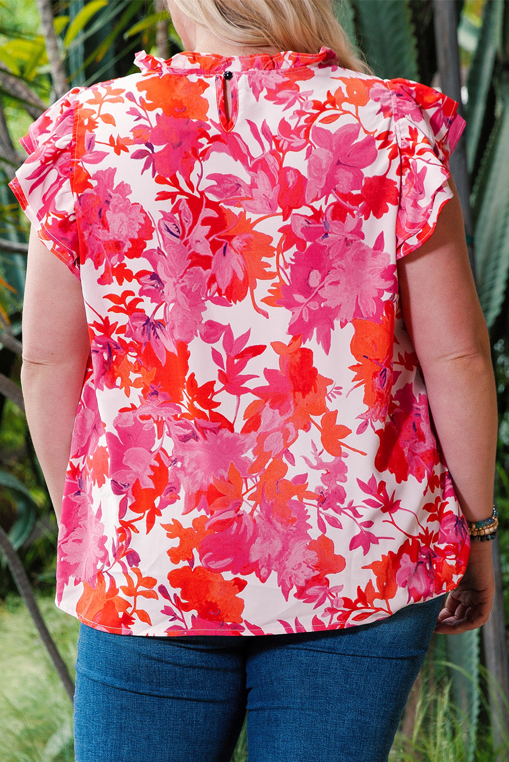 Frill Neck Floral Plus Size Blouse featuring a vibrant floral print, frill neck, and ruffle tiered sleeves, perfect for stylish comfort.