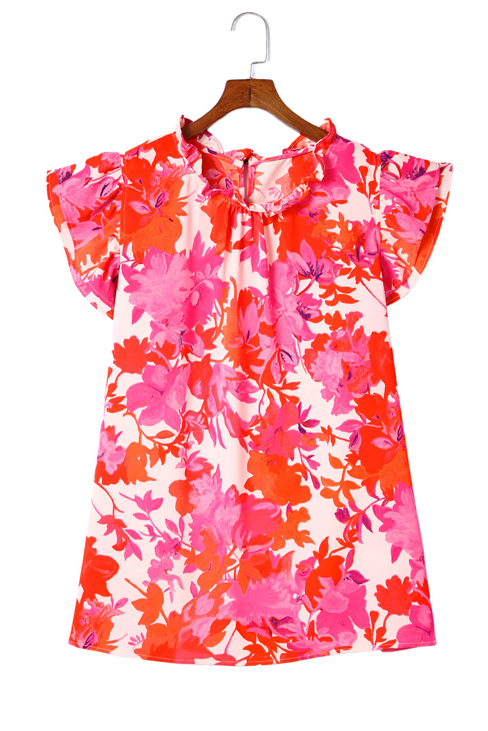 Frill Neck Floral Plus Size Blouse featuring a vibrant floral print, frill neck, and ruffle tiered sleeves, perfect for stylish comfort.