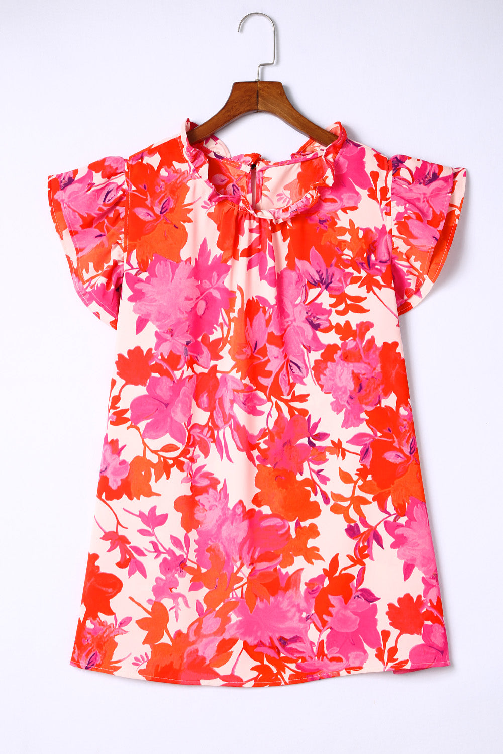 Frill Neck Floral Plus Size Blouse featuring a vibrant floral print, frill neck, and ruffle tiered sleeves, perfect for stylish comfort.