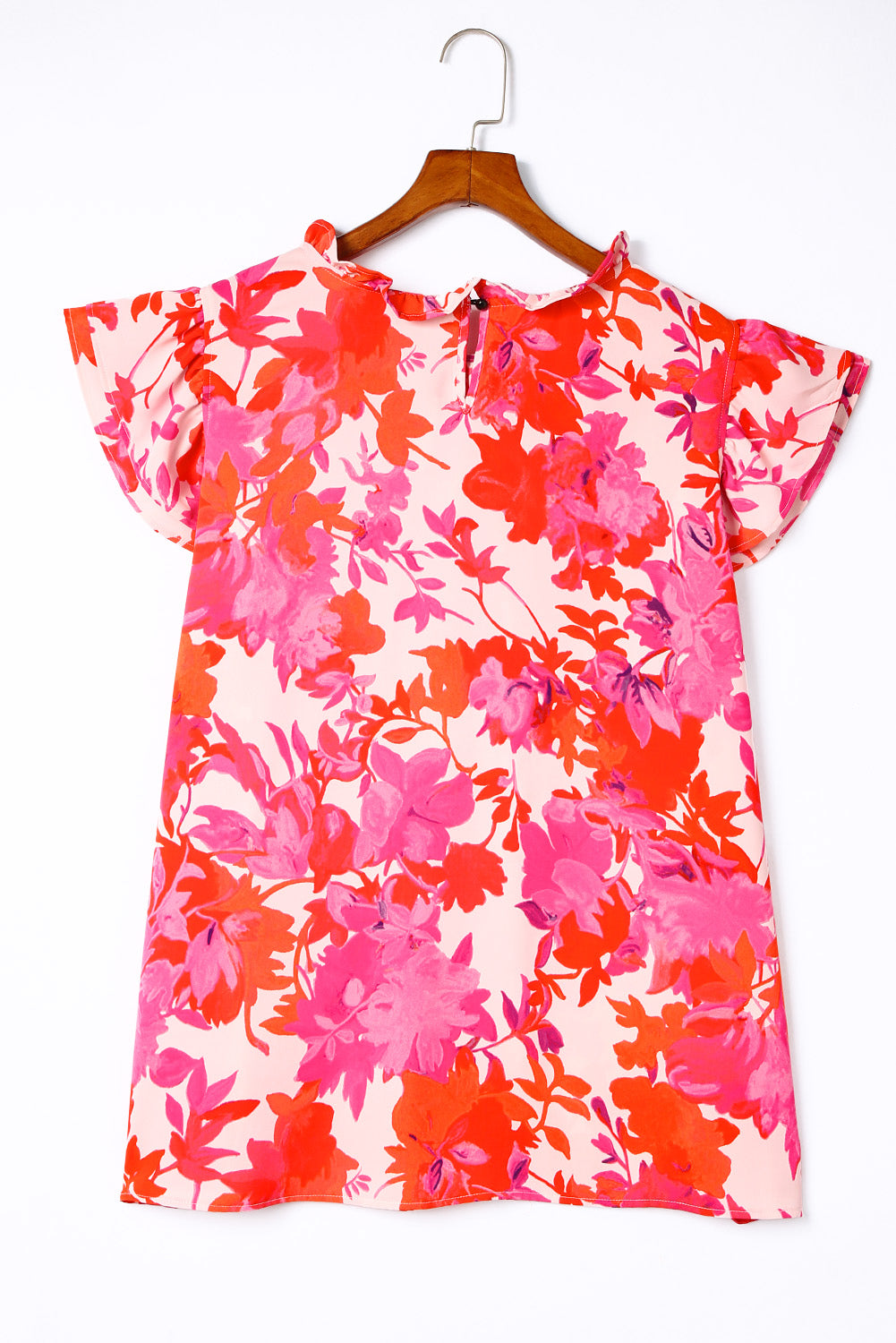 Frill Neck Floral Plus Size Blouse featuring a vibrant floral print, frill neck, and ruffle tiered sleeves, perfect for stylish comfort.