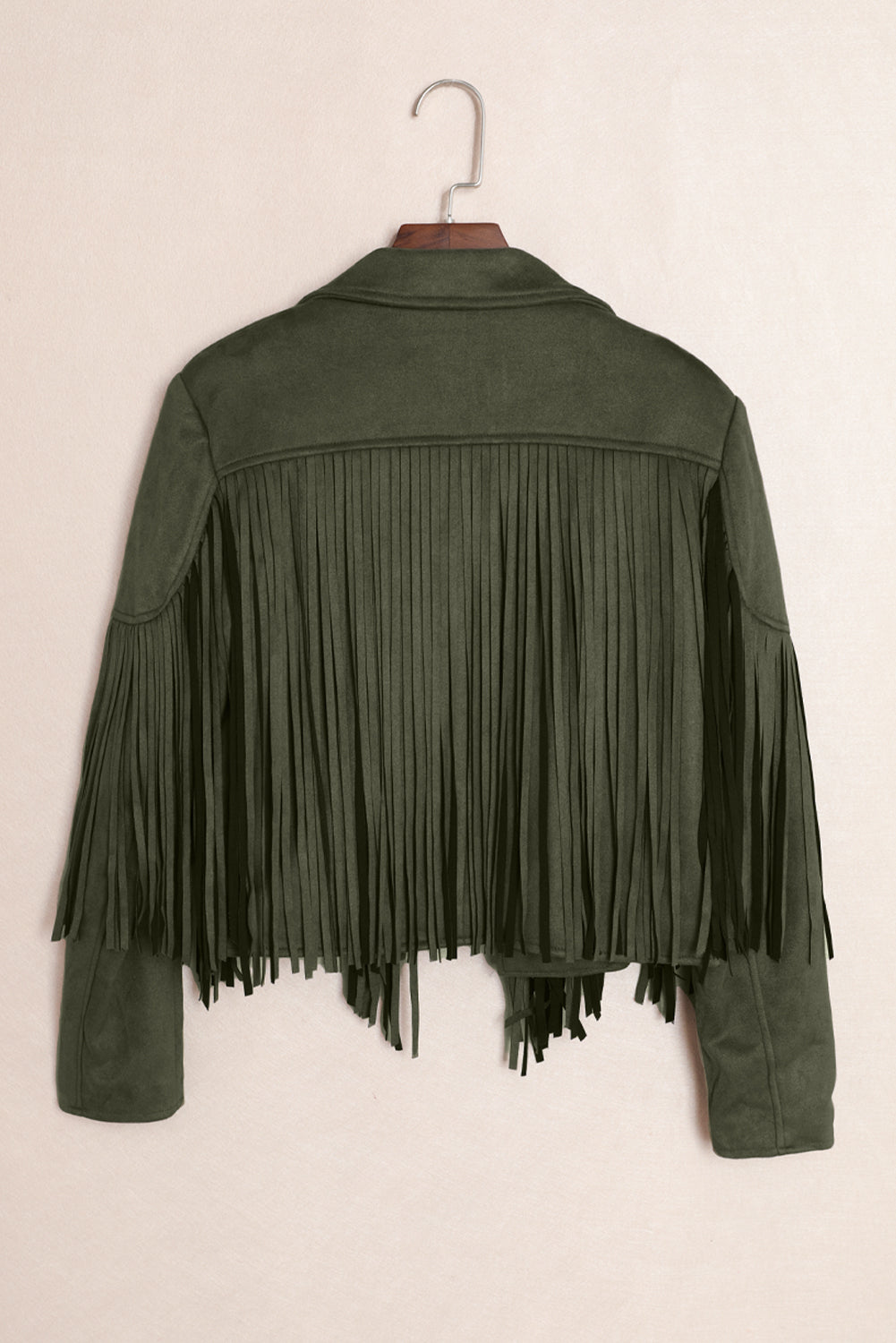 Fringe Trim Lapel Collar Faux Suede Jacket in a stylish hanger display, showcasing its chic design and fringe details.