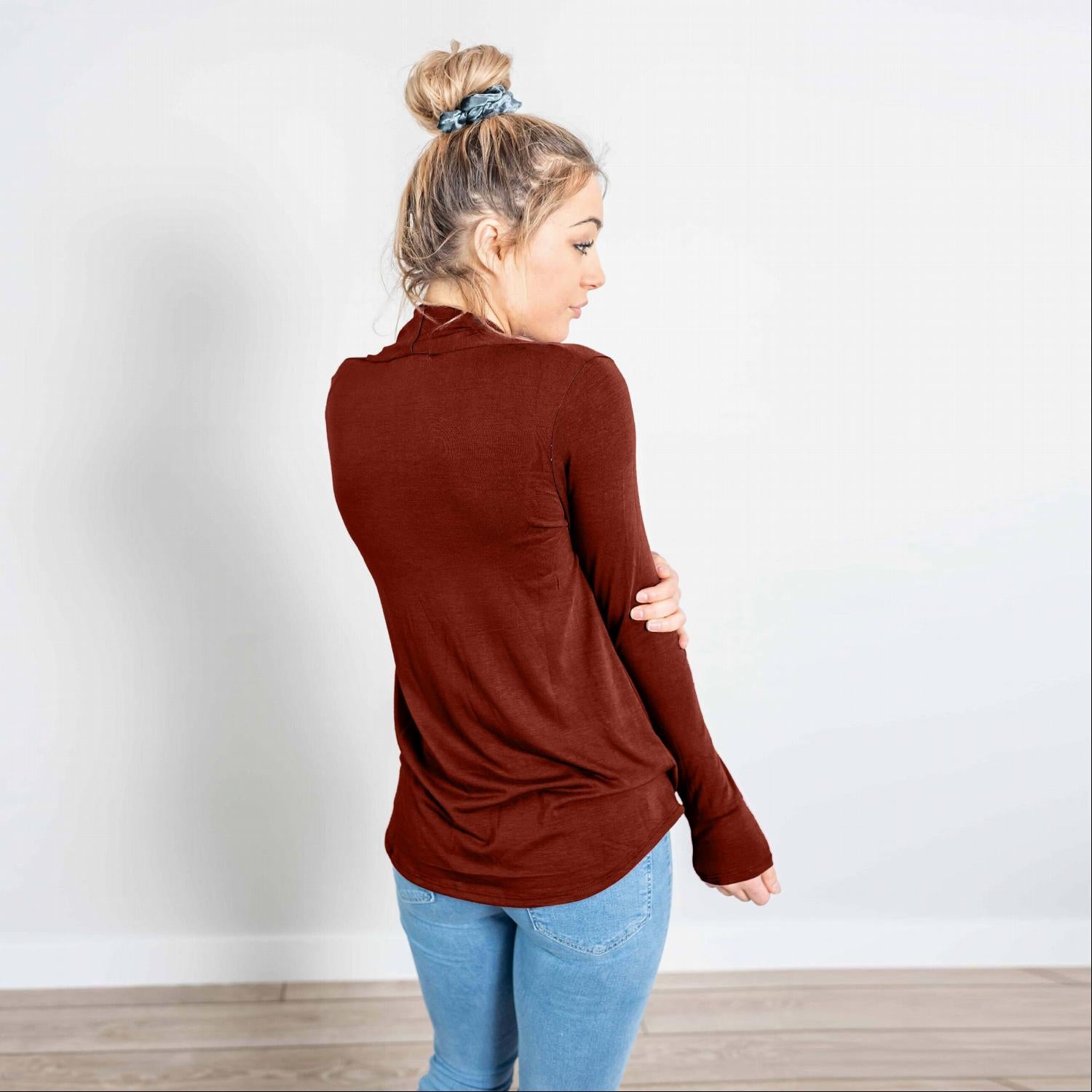 Front Twist Long Sleeve Top in soft silky fabric with a moderate v-neck and stylish twist design, perfect for work or casual outings.