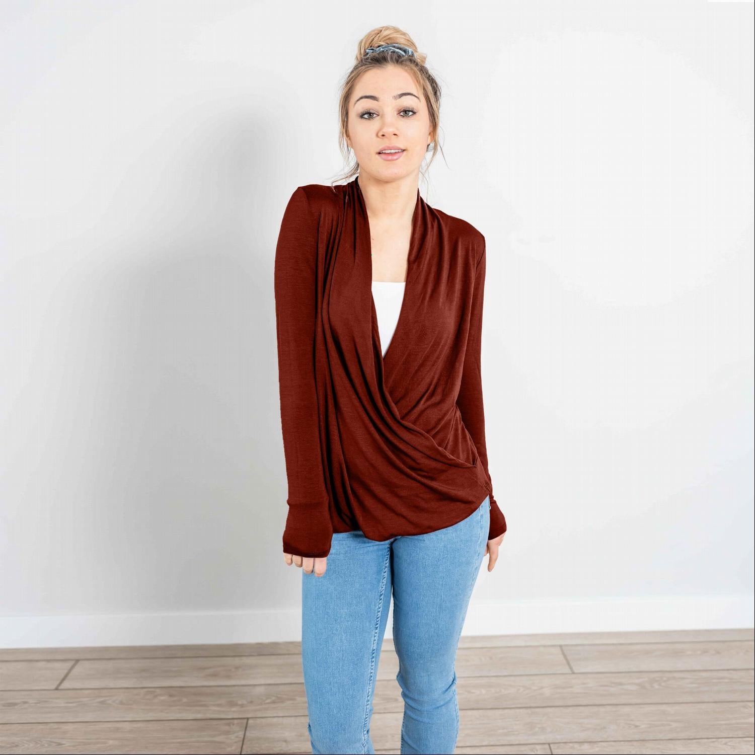 Front Twist Long Sleeve Top in soft silky fabric with a moderate v-neck and stylish twist design, perfect for work or casual outings.