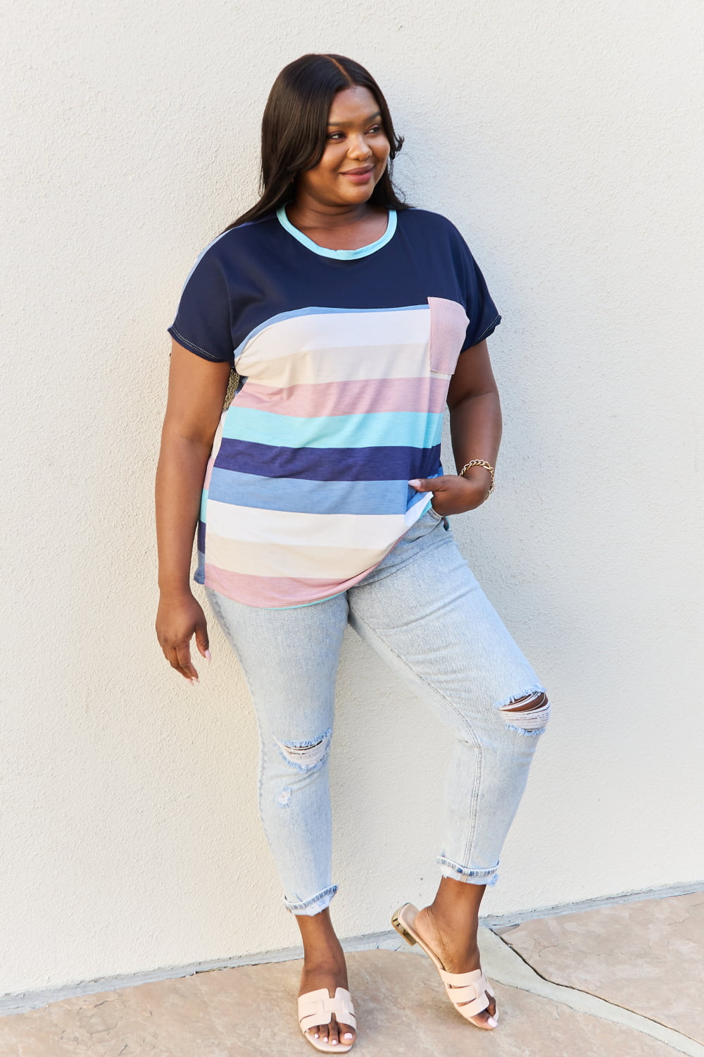 Full Size Colorblock Tunic Top in Navy Aqua featuring dolman sleeves and a vibrant pocket detail.