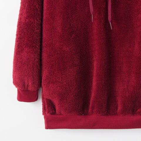 Full Size Quarter-Zip Drawstring Teddy Hoodie in soft teddy fabric, featuring a drawstring and pocket, available in multiple sizes.