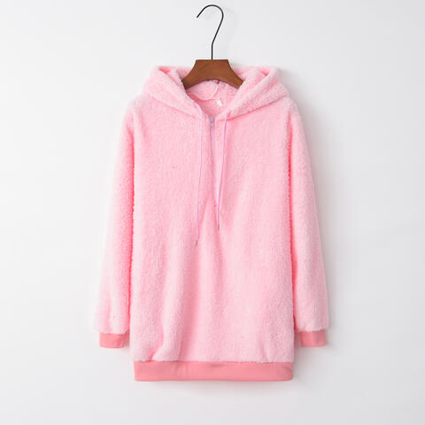 Full Size Quarter-Zip Drawstring Teddy Hoodie in soft teddy fabric, featuring a drawstring and pocket, available in multiple sizes.