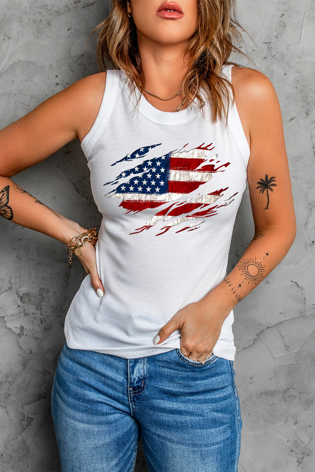 Full Size US Flag Graphic Round Neck Tank top featuring a vibrant American flag design, perfect for casual summer wear.