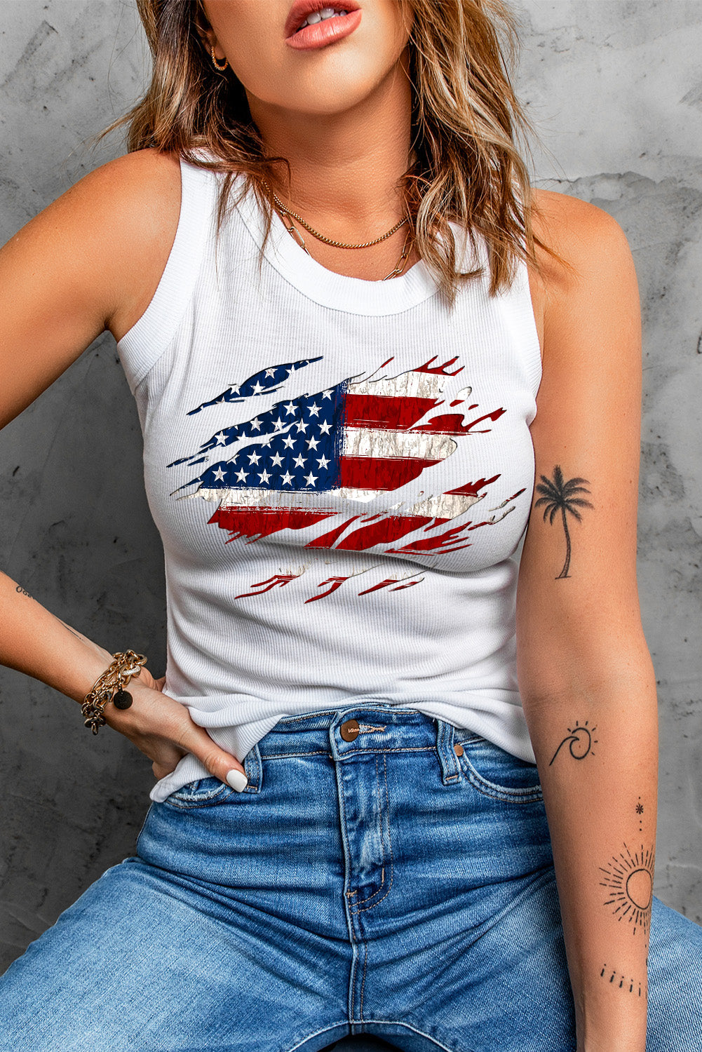 Full Size US Flag Graphic Round Neck Tank top featuring a vibrant American flag design, perfect for casual summer wear.