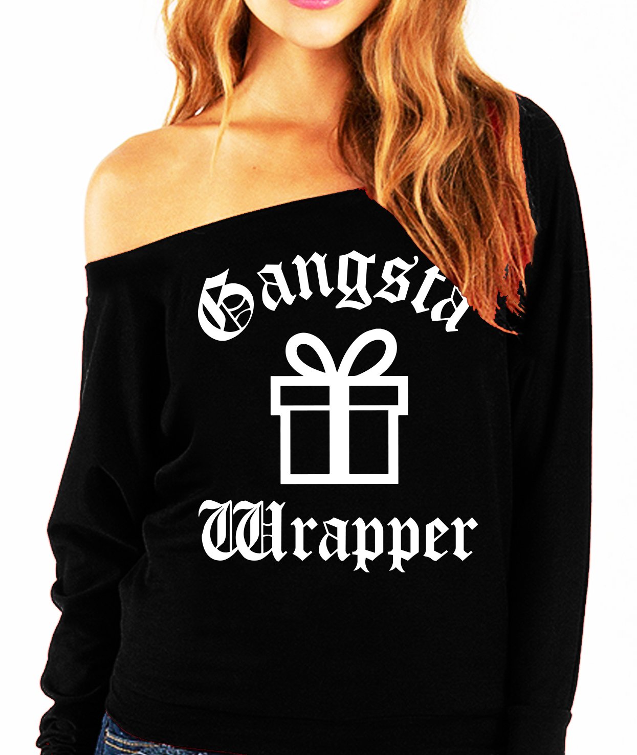 Gangsta Wrapper Christmas Present Slouchy sweatshirt in scarlet and black, featuring a fun holiday design.