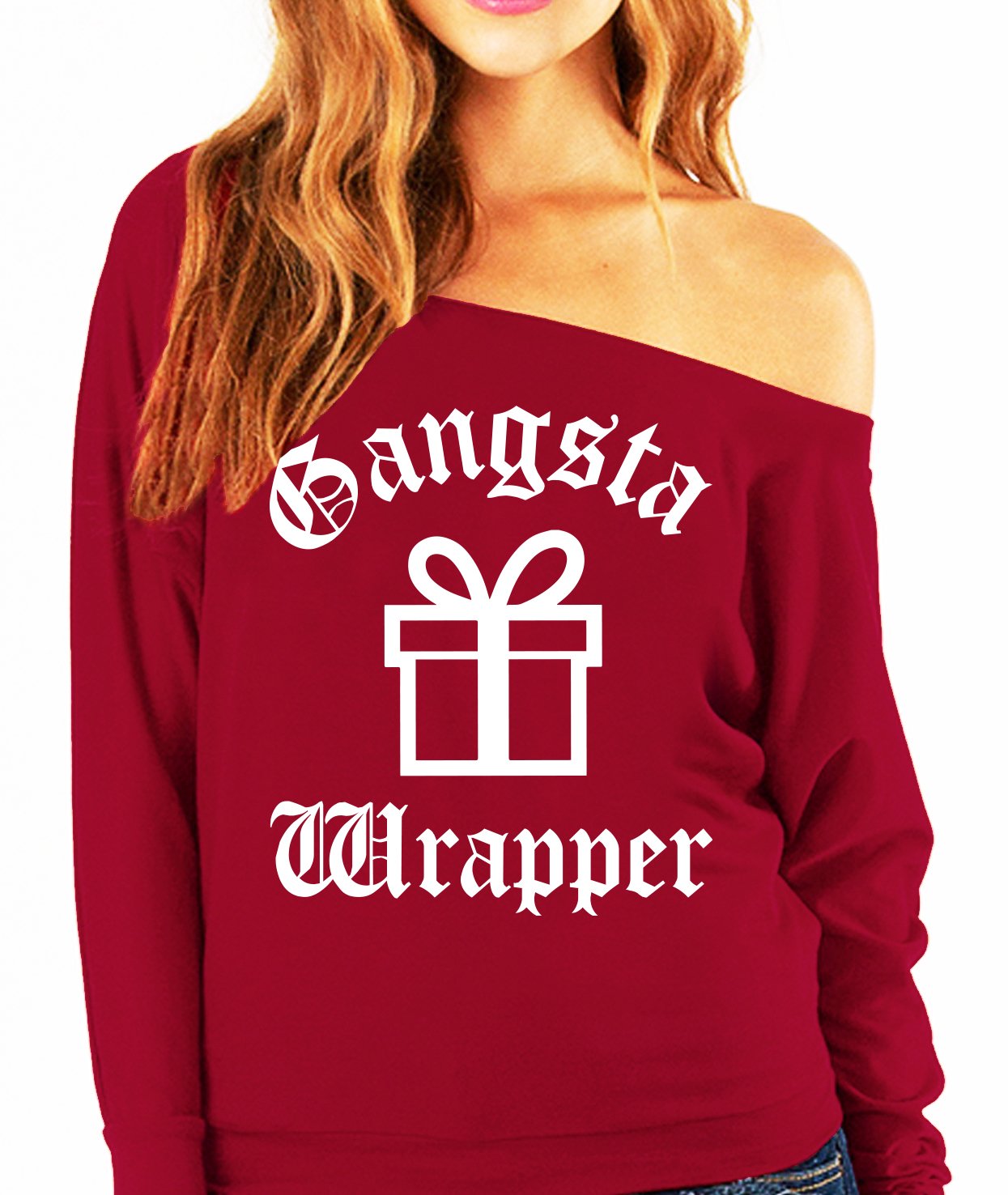 Gangsta Wrapper Christmas Present Slouchy sweatshirt in scarlet and black, featuring a fun holiday design.