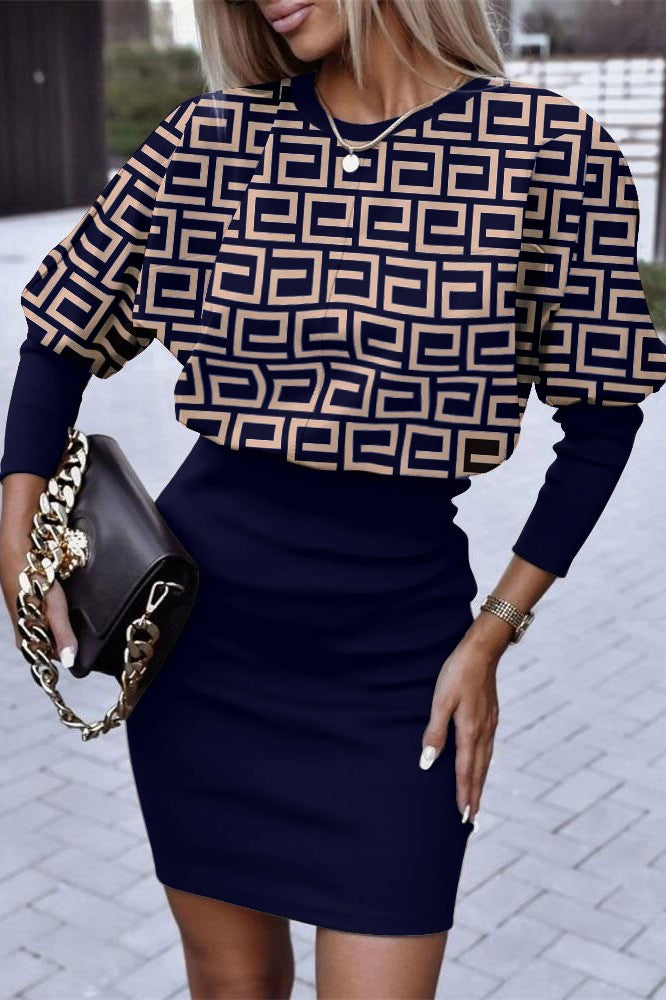 Elegant dark blue mini dress with geometric print, featuring a loose top, round neckline, long sleeves, and a fitted mid-thigh skirt.