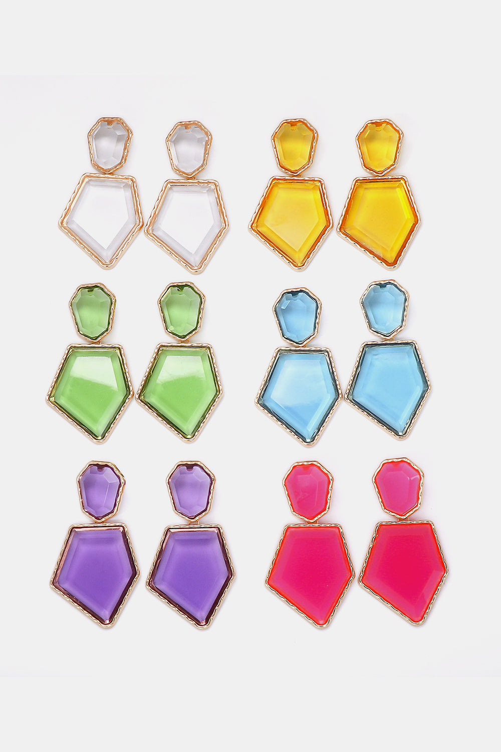 Geometrical shape dangle earrings made of zinc alloy and resin, showcasing a modern design with a unique frame.
