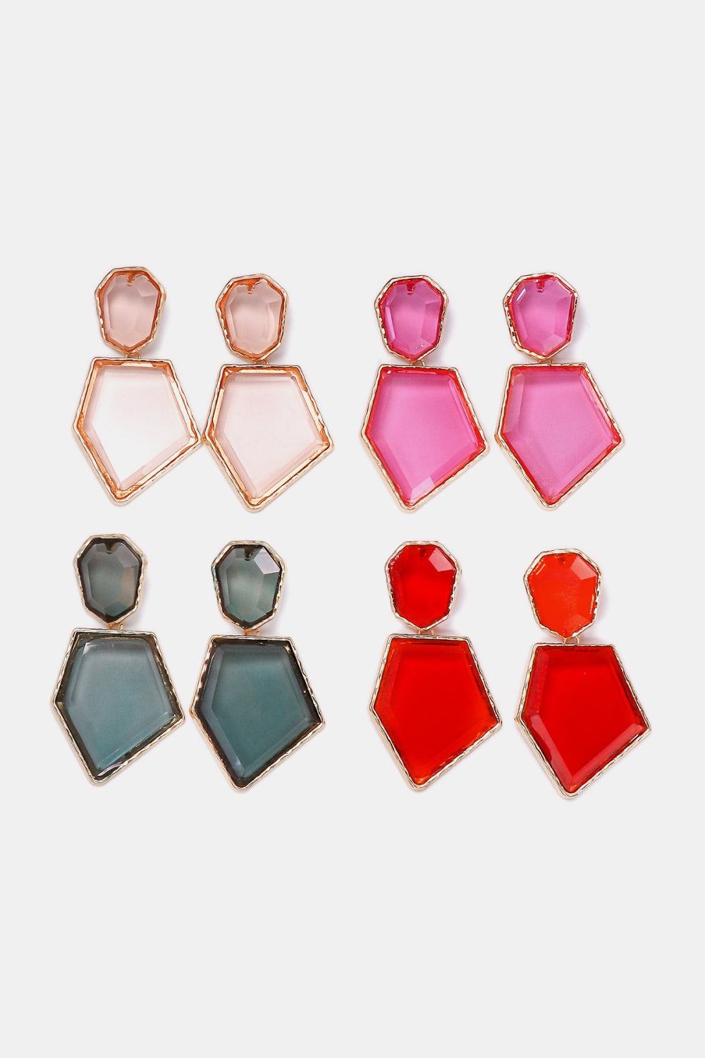 Geometrical shape dangle earrings made of zinc alloy and resin, showcasing a modern design with a unique frame.