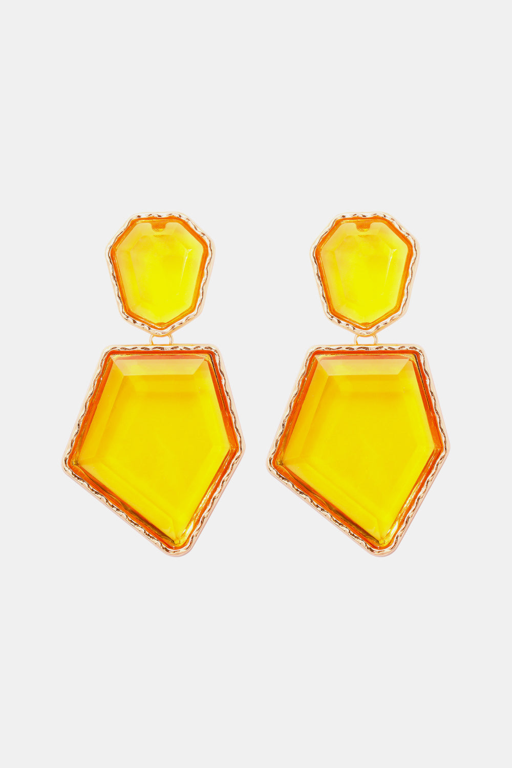 Geometrical shape dangle earrings made of zinc alloy and resin, showcasing a modern design with a unique frame.