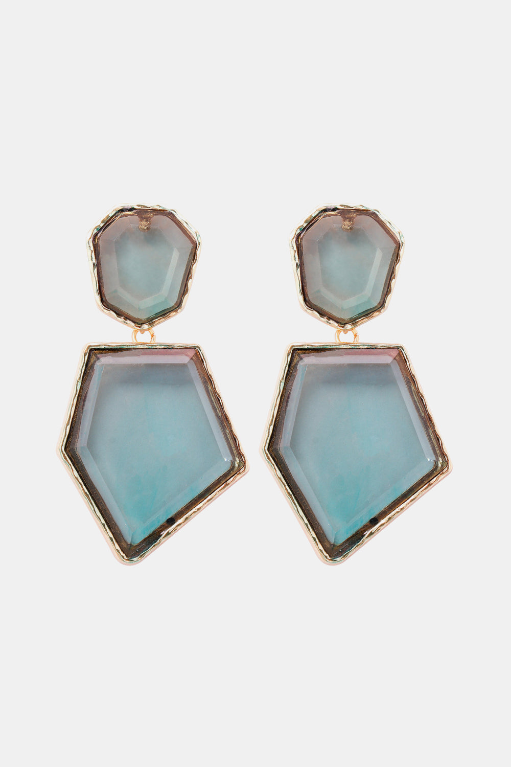 Geometrical shape dangle earrings made of zinc alloy and resin, showcasing a modern design with a unique frame.