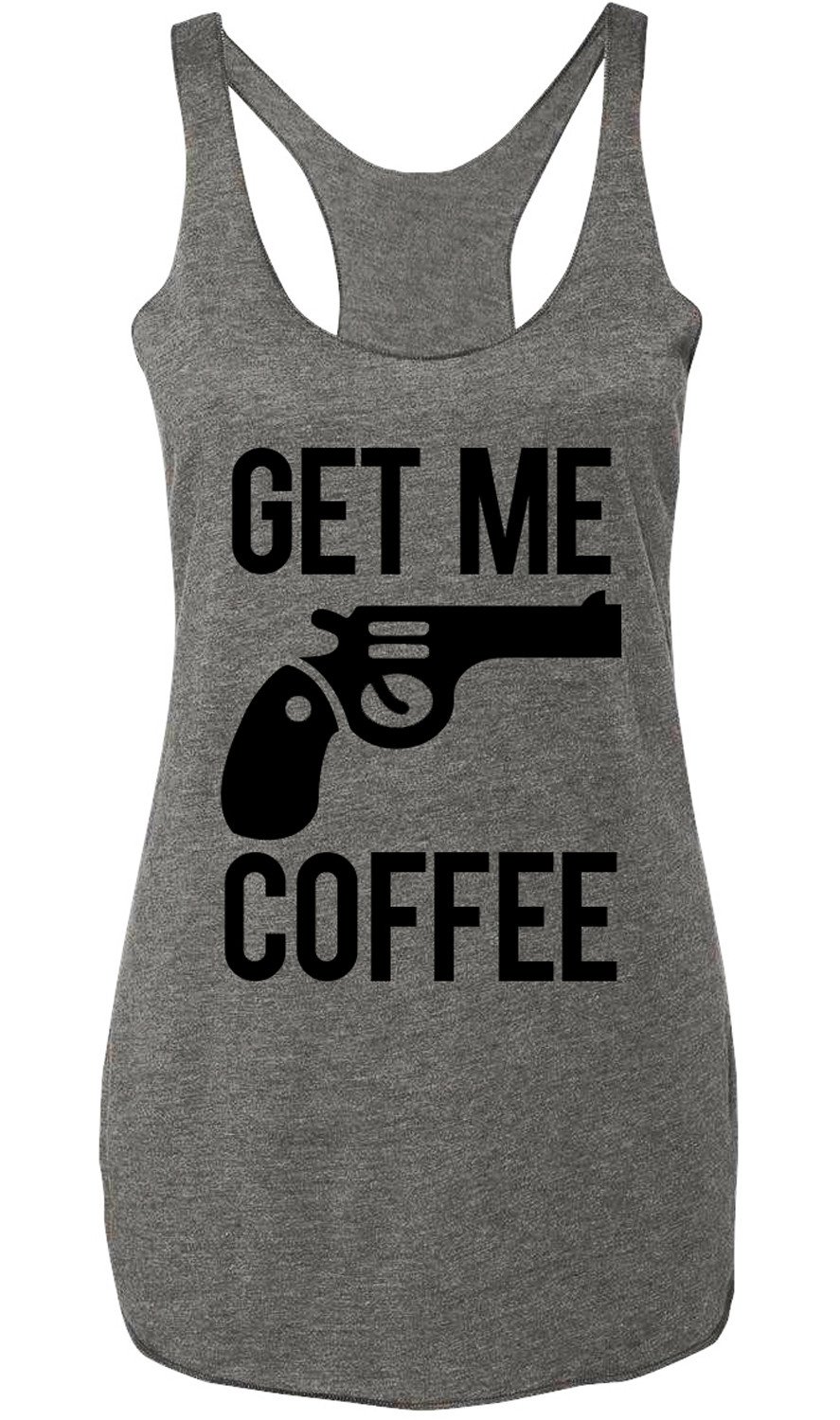Heather gray tank top with black 'GET ME COFFEE' print, showcasing a relaxed fit and soft fabric.
