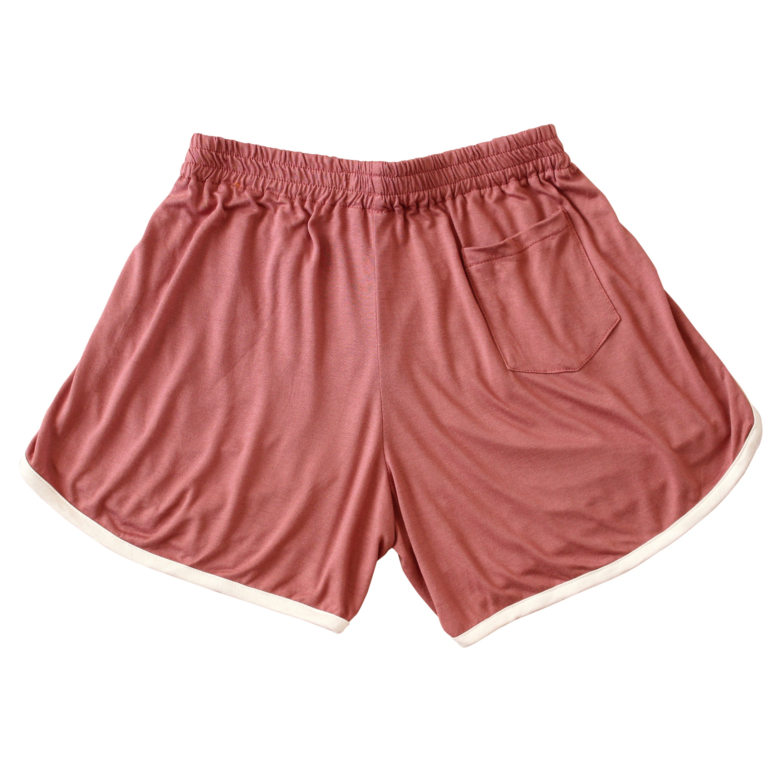 GIRL Seaside Runner Bamboo Shorts in Desert Rose, showcasing lightweight bamboo fabric, elastic waist, and back pocket.