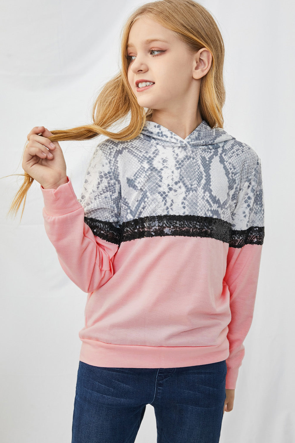 Girls Animal Print Sequined Hoodie featuring vibrant colors and stylish design, perfect for ages 4-13.