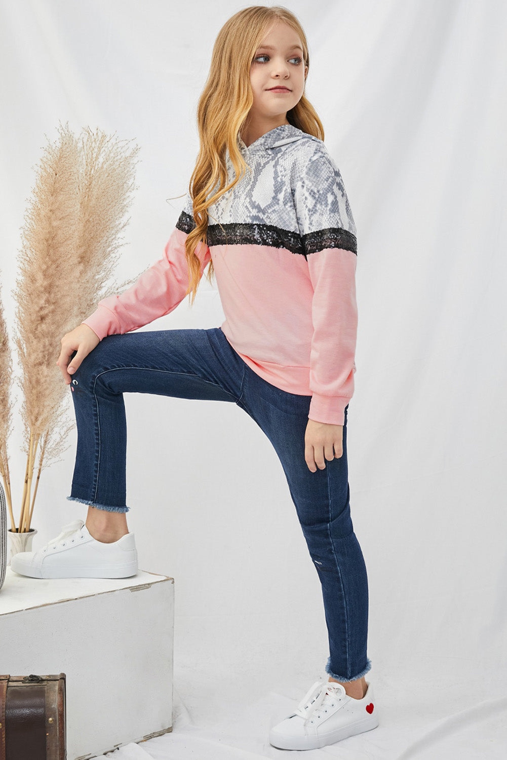 Girls Animal Print Sequined Hoodie featuring vibrant colors and stylish design, perfect for ages 4-13.