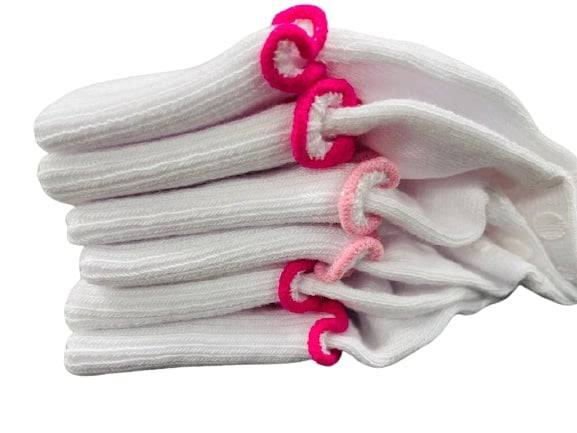 Girls Non-Skid Seamless Toe Socks in white with pink and white ruffle edges, showcasing a soft cotton material and non-skid dots on the bottom.