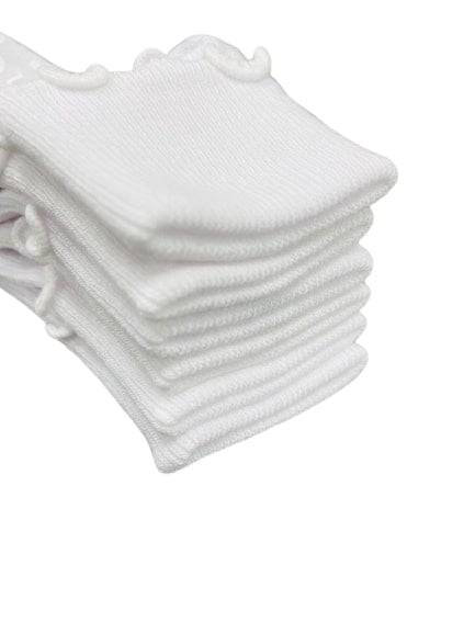 Girls Non-Skid Seamless Toe Socks in white with pink and white ruffle edges, showcasing a soft cotton material and non-skid dots on the bottom.
