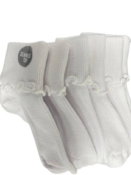 Girls Non-Skid Seamless Toe Socks in white with pink and white ruffle edges, showcasing a soft cotton material and non-skid dots on the bottom.