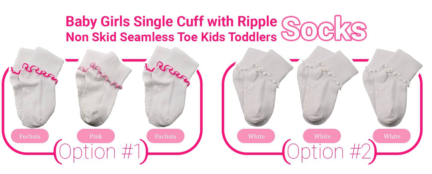 Girls Non-Skid Seamless Toe Socks in white with pink and white ruffle edges, showcasing a soft cotton material and non-skid dots on the bottom.