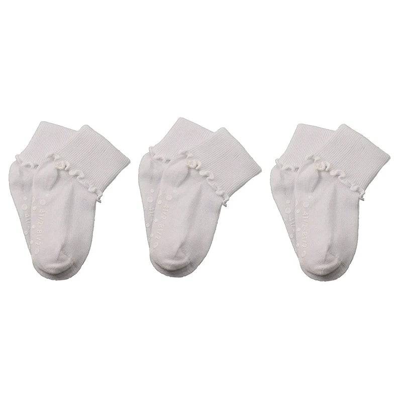 Girls Non-Skid Seamless Toe Socks in white with pink and white ruffle edges, showcasing a soft cotton material and non-skid dots on the bottom.