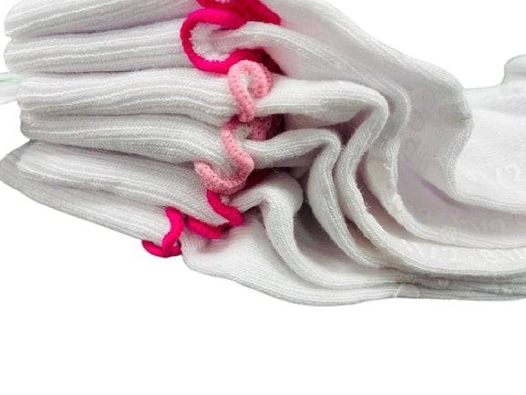 Girls Non-Skid Seamless Toe Socks in white with pink and white ruffle edges, showcasing a soft cotton material and non-skid dots on the bottom.