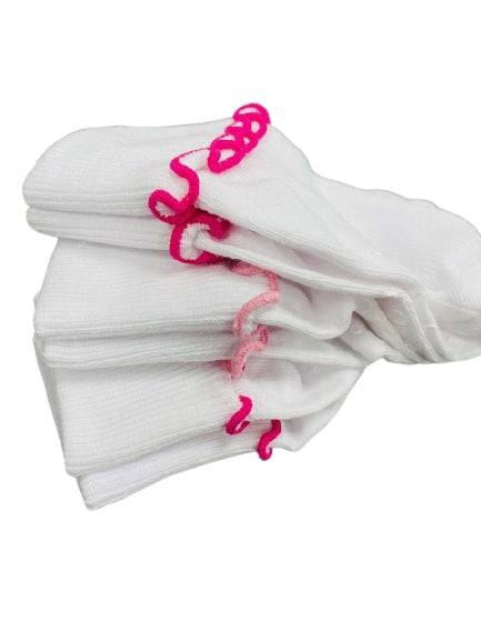 Girls Non-Skid Seamless Toe Socks in white with pink and white ruffle edges, showcasing a soft cotton material and non-skid dots on the bottom.